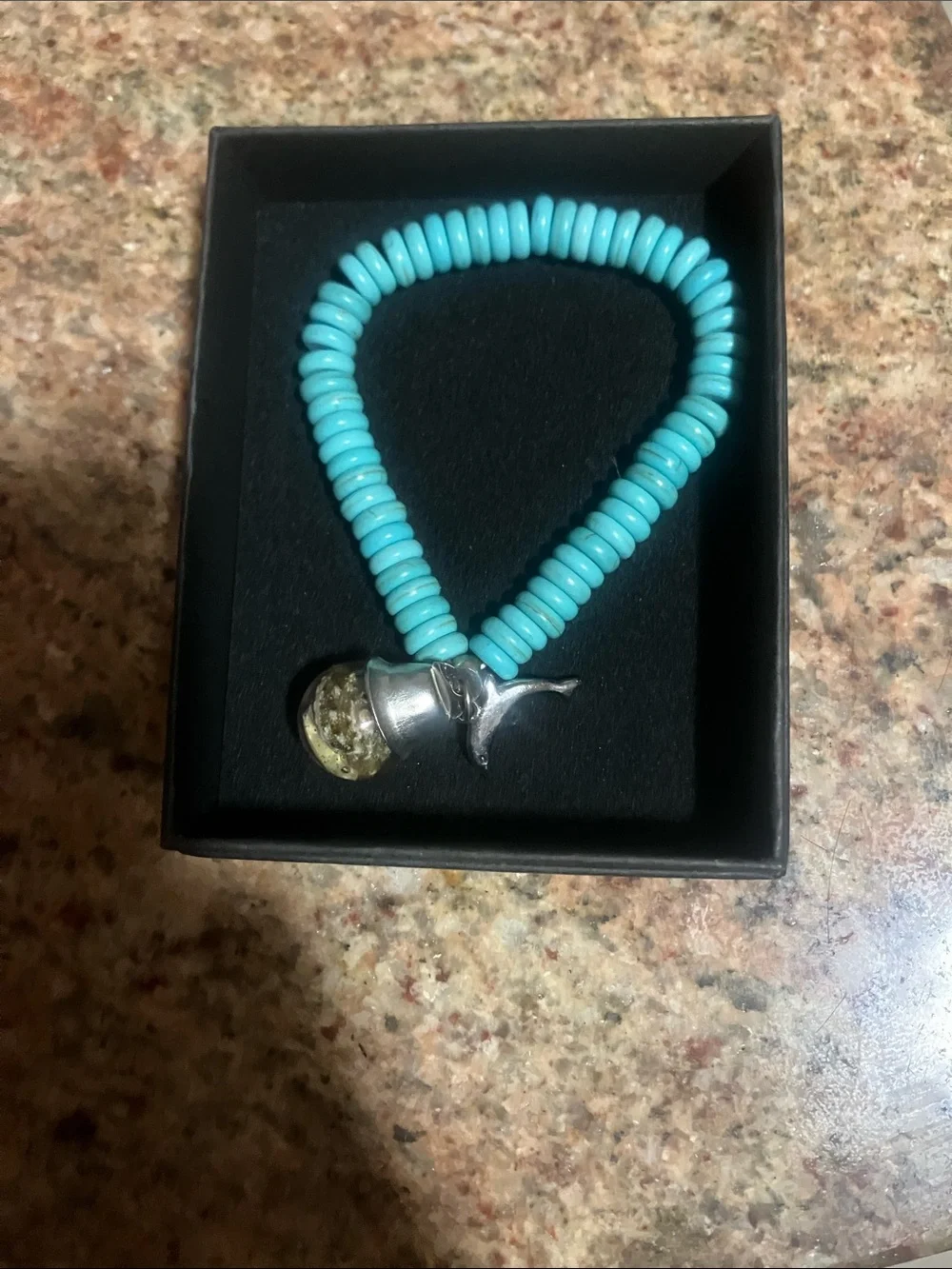 Turquoise Bead Bracelet with Silver Dolphin and Stone Charm